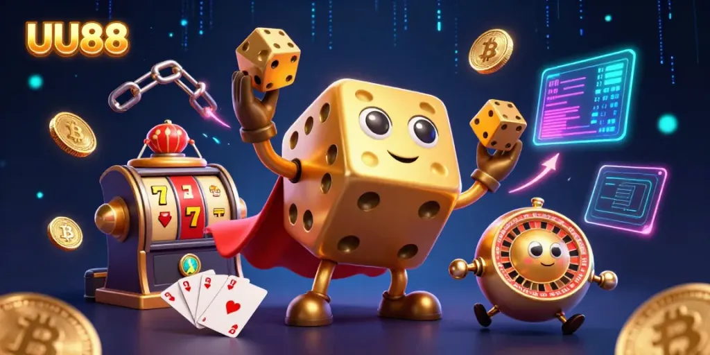 Play and win at UU88, where a golden dice golem and vibrant casino elements create an exciting gaming atmosphere.