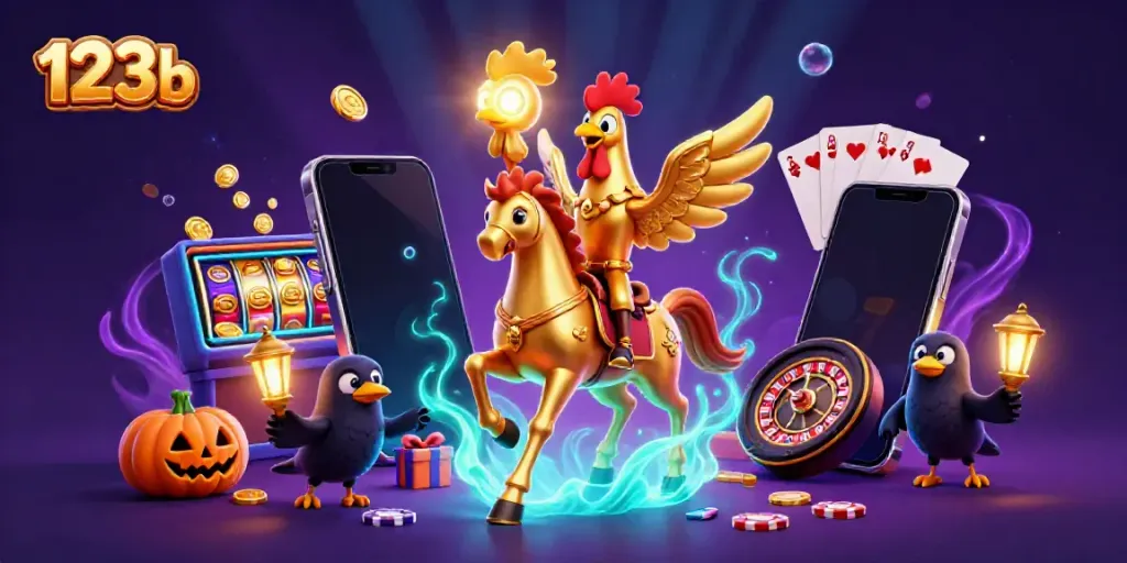 Win big with the vibrant 123b casino scene featuring animated characters and slots!