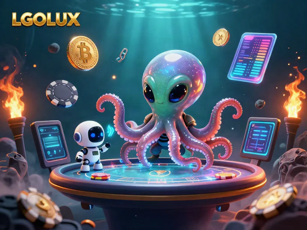 Engage in thrilling games at LGOLUX with a vibrant alien octopus and robotic companion.