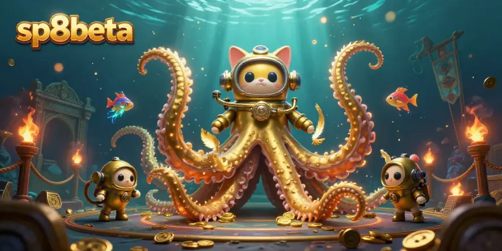 Spin the reels with sp8beta in a vibrant 3D casino-themed underwater scene filled with excitement.