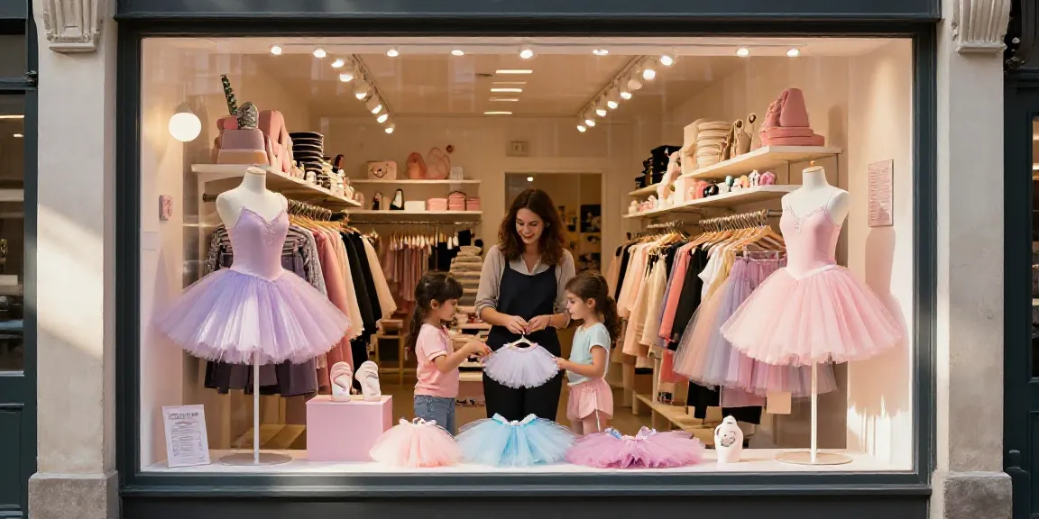 Tutu store showcasing colorful tutus and dancewear during sunny afternoon.