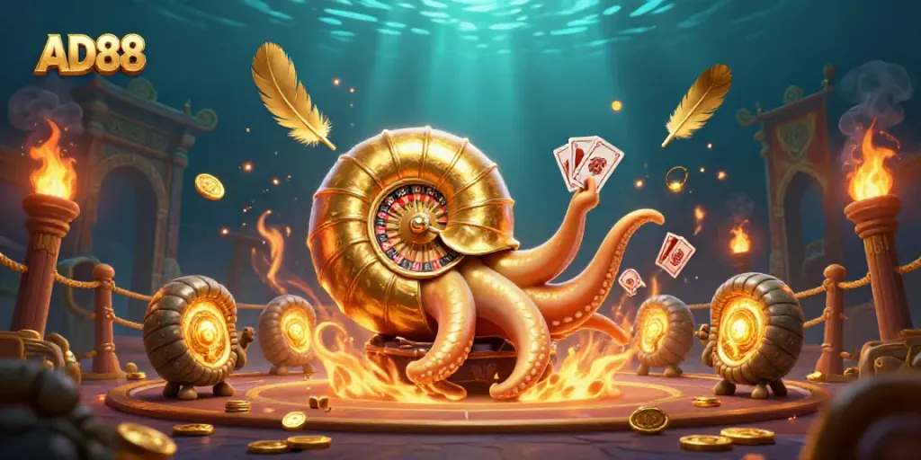 Engage with AD88 in a vibrant casino scene featuring a nautilus roulette wheel and glowing companions.