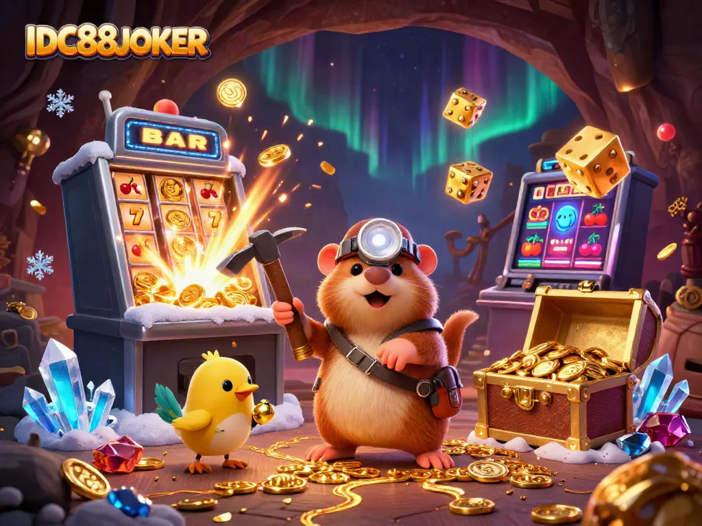 Play thrilling games at IDC88JOKER while exploring a vibrant 3D casino scene packed with colors and excitement.