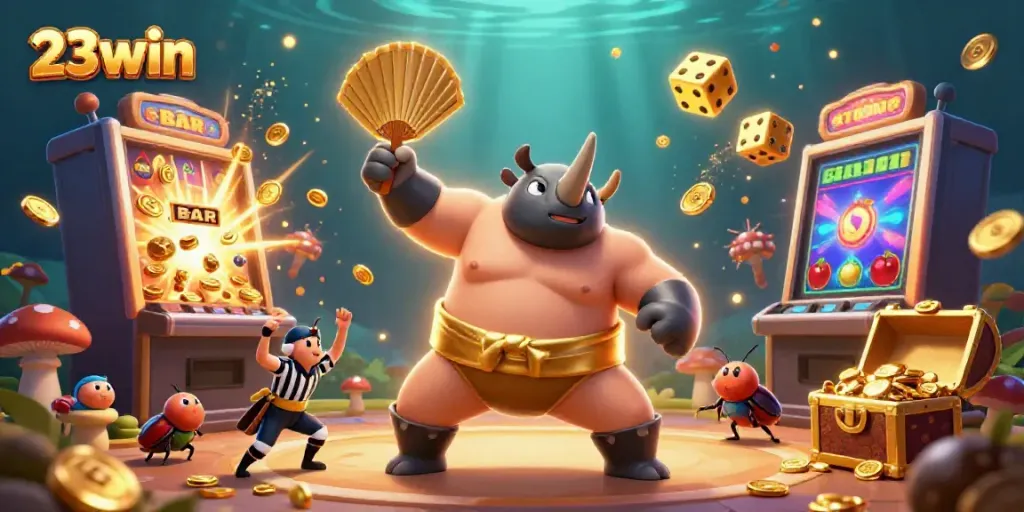 Experience exciting gameplay at 23win with a vibrant 3D illustration showcasing action-packed gambling elements.