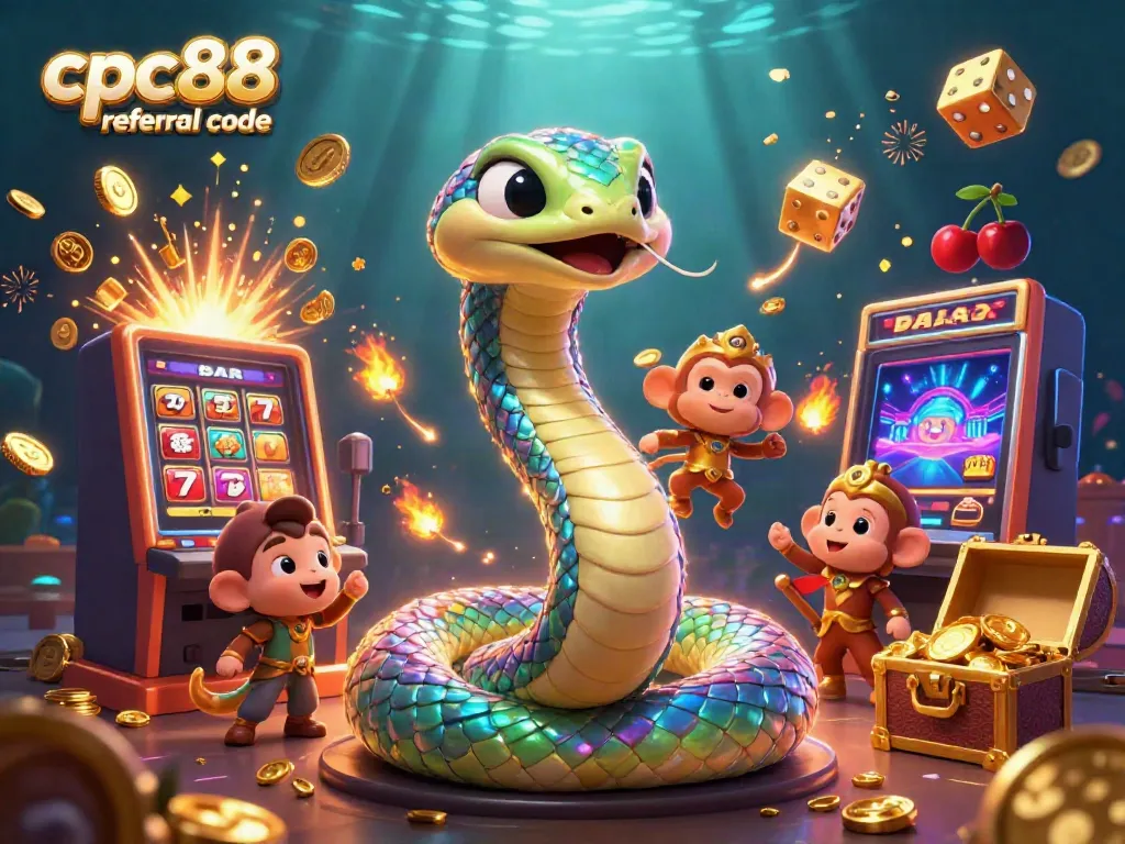 Join rewards with the cpc88 referral code, featuring vibrant gaming elements in a playful scene.