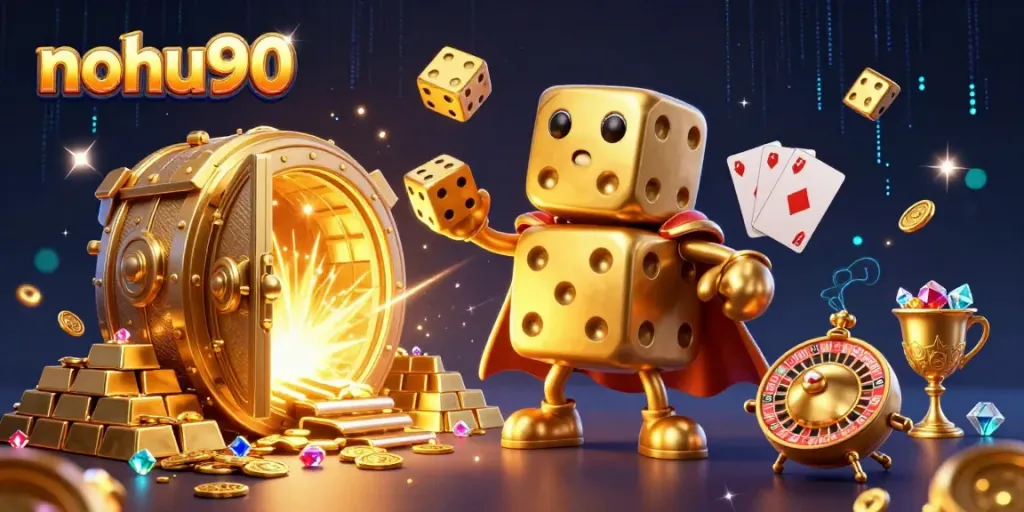 Noh90 captivates players with a vibrant 3D casino adventure, featuring shimmering golden dice and treasure.