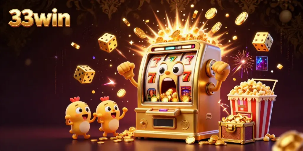 Experience the excitement of 33win as a slot machine hits the jackpot, showering coins in a vibrant casino setting.