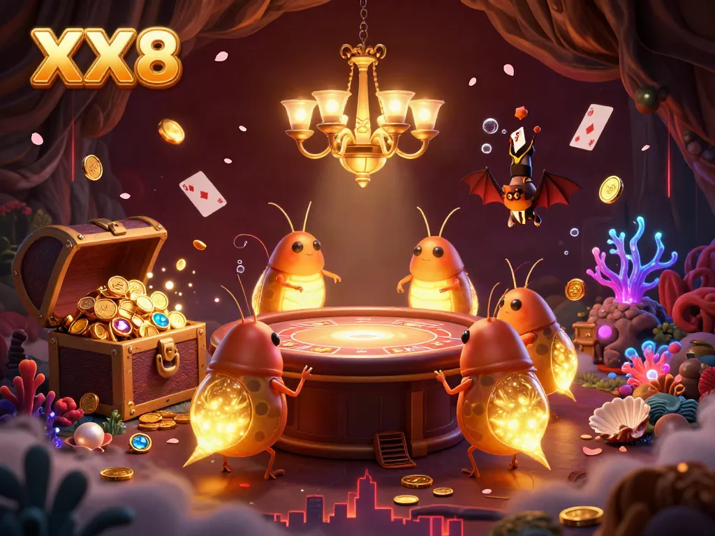 Glowworms illuminate a vibrant casino scene for an exciting XX8 adventure filled with treasures.