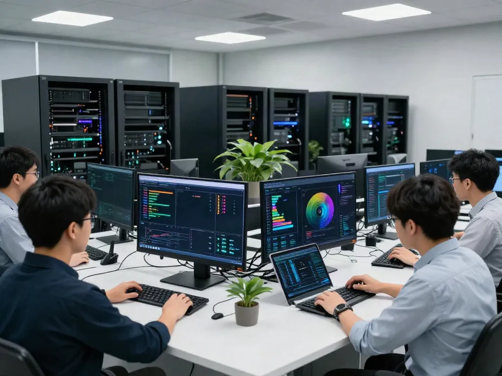 A vibrant work scene showcasing AI infrastructure collaboration among engineers in a modern data center.