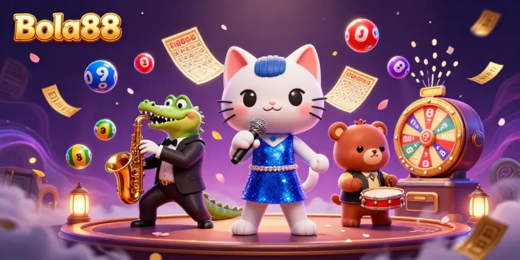 Experience the excitement of gaming with Bola88, vibrant casino scene featuring animated characters and dynamic lottery elements.