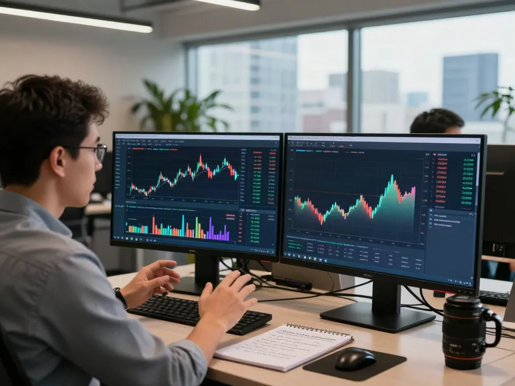 Trader using TradingView charts in a modern financial office.