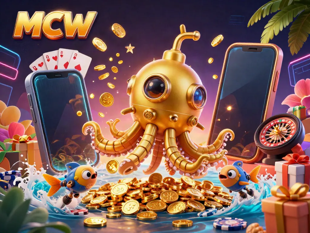 Engage with MCW's thrilling golden kraken submarine amidst a sea of coins and dynamic casino gameplay.