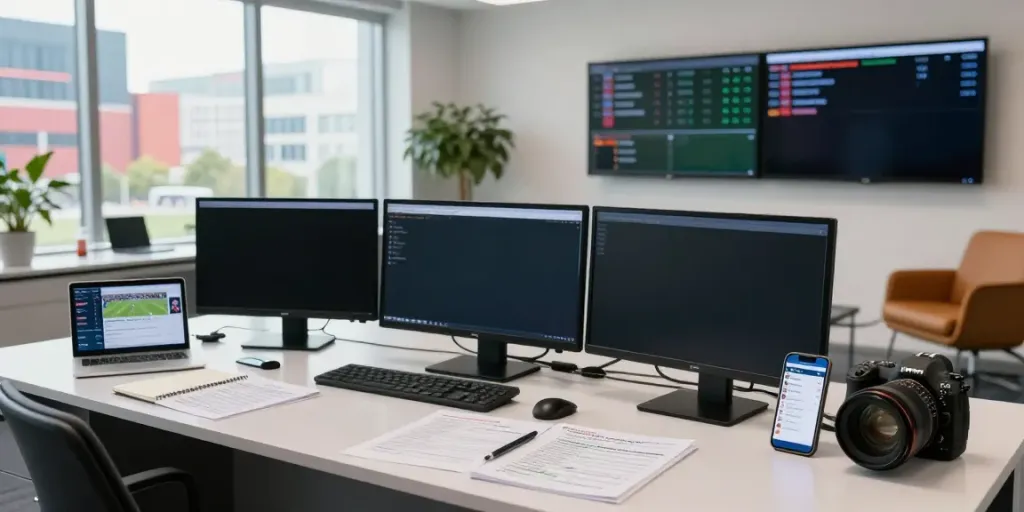 ข่าวตลาดซื้อขายนักเตะ updates in a modern newsroom environment with multiple screens and journalist.