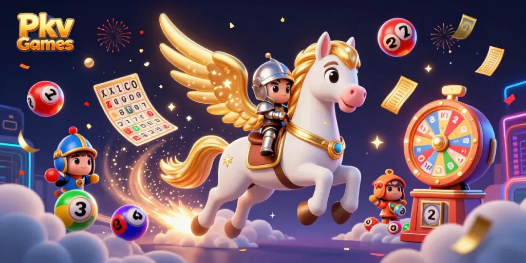 Pkv Games illustration showcasing a celestial white horse and knight amidst colorful gambling elements, celebrating winners.