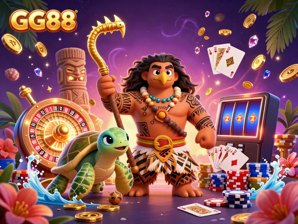 Experience the excitement of GG88 with a vibrant 3D casino scene featuring a demigod and his turtle sidekick surrounded by game elements.
