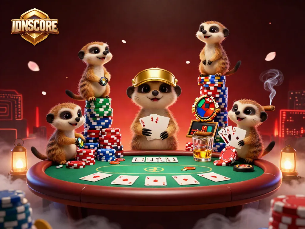IDNSCORE meerkats run a vibrant casino operation with poker tables and colorful chips.