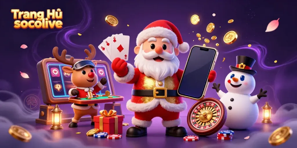 Experience excitement with Trang Chủ socolive, featuring Santa, a reindeer, and a snowman in a festive casino scene.
