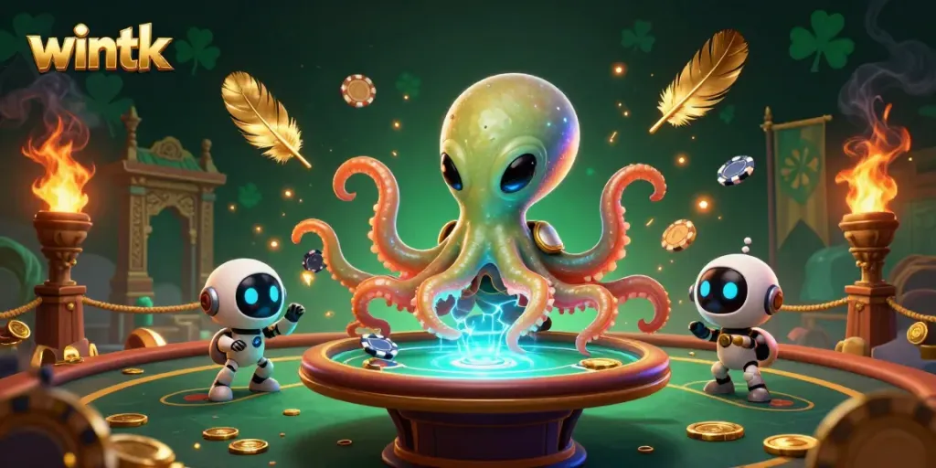 Witness thrilling wins at WINTK as an alien octopus deals cards at a vibrant casino.