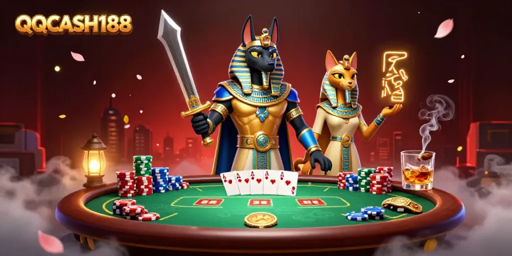 Engage with QQCASH188's vibrant casino scene featuring Anubis and Bastet amid exciting poker action.
