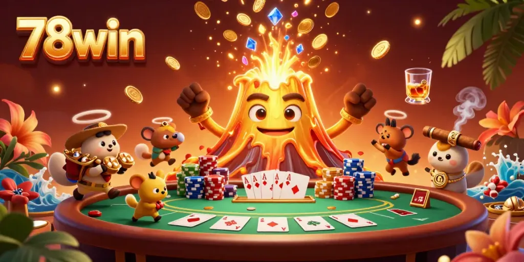 Engage with thrilling action at 78win, featuring a golden volcano erupting treasures in a vibrant casino scene.