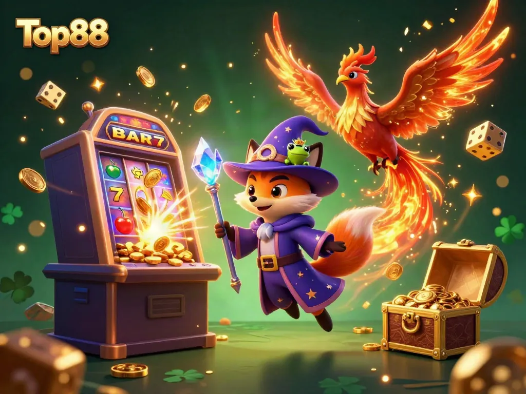 Experience the excitement of Top88 with a magical casino-themed illustration featuring a wizard fox and phoenix.