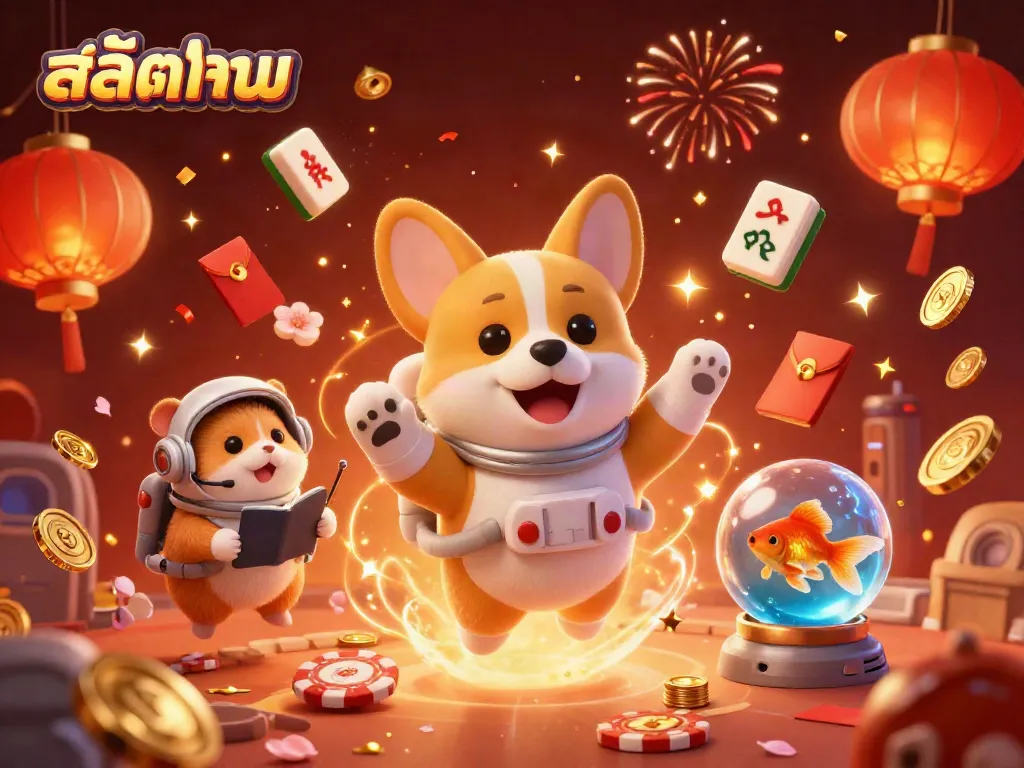Engage with สล็อตทดลอง in a vibrant casino scene featuring an astronaut corgi floating, surrounded by dynamic gaming elements