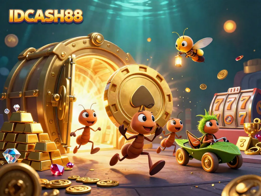 Engage in thrilling gaming adventures with IDCASH88, where playful ants embark on a heist for golden poker chips.