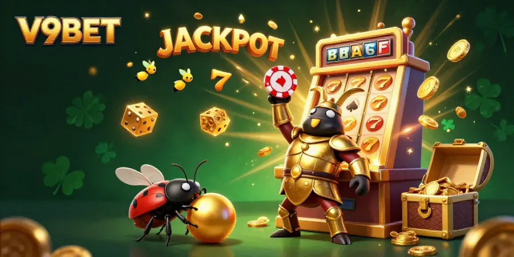 Win big with V9BET in vibrant casino scene featuring a heroic beetle and dazzling jackpots.