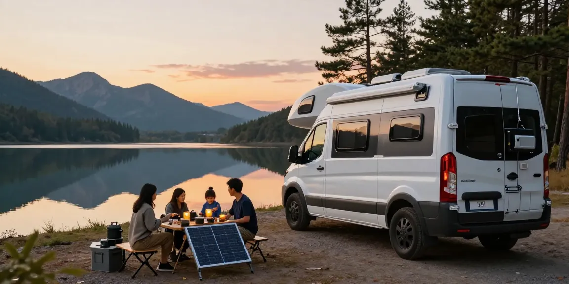 RV lithium battery powering a camper van at a serene campsite.
