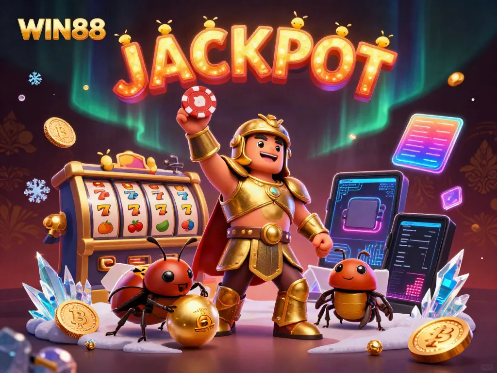 Experience a thrilling WIN88 casino scene with vibrant characters, golden coins, and jackpot excitement!
