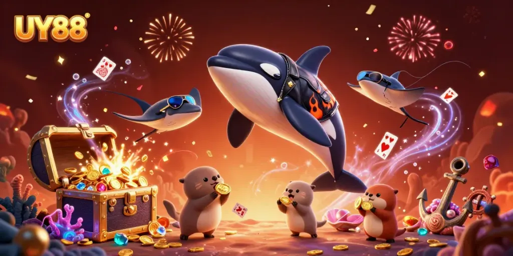 Experience the excitement of UY88 with playful sea creatures and vibrant casino elements.