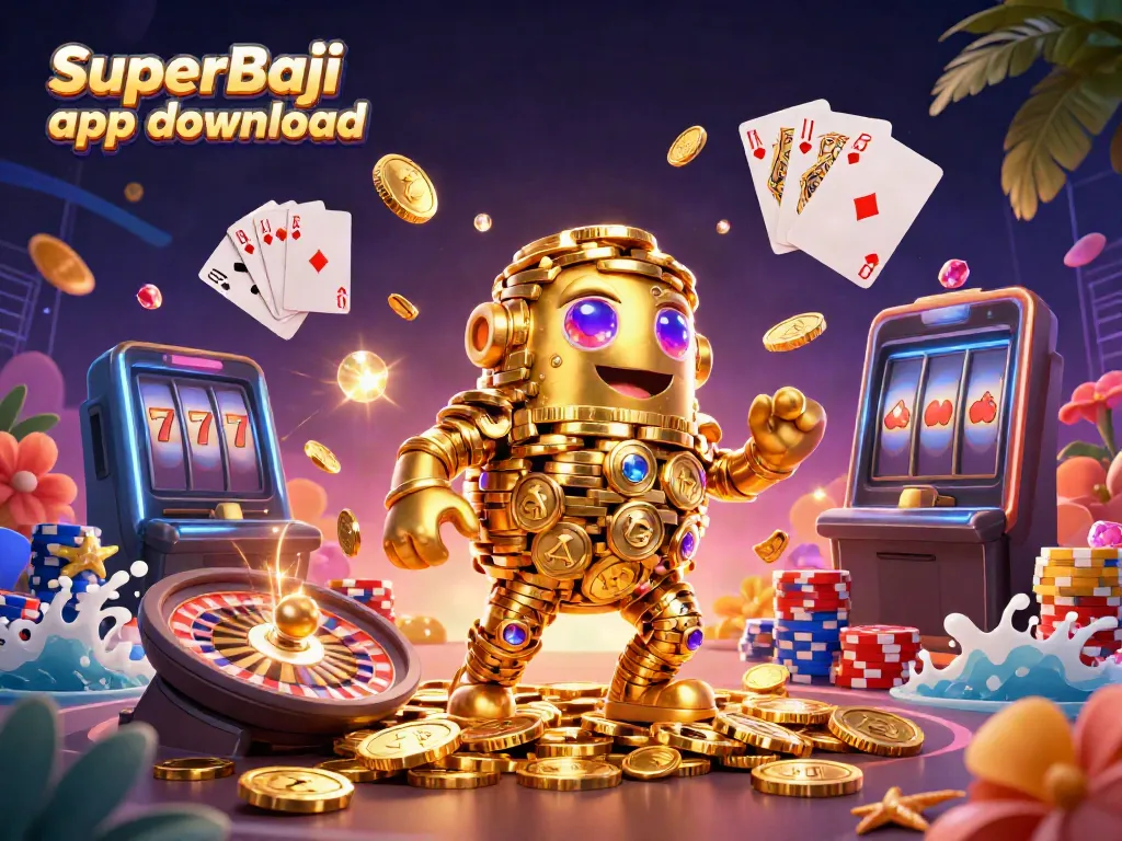 Experience the excitement of mobile gaming with the SuperBaji app download featuring a golden golem and casino elements.
