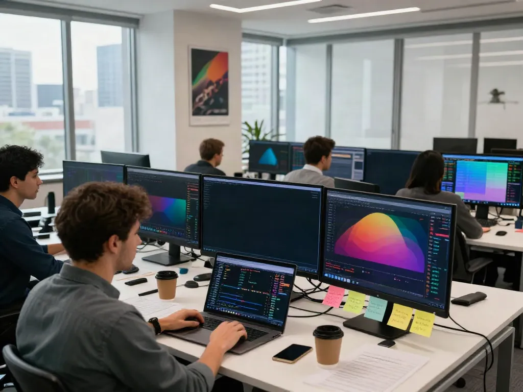 Traders using TradingView in a bright, modern office analyzing charts and data.