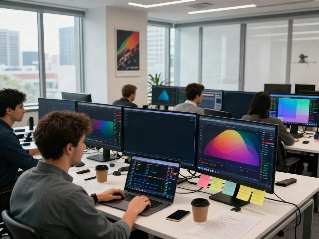 Traders using TradingView in a bright, modern office analyzing charts and data.