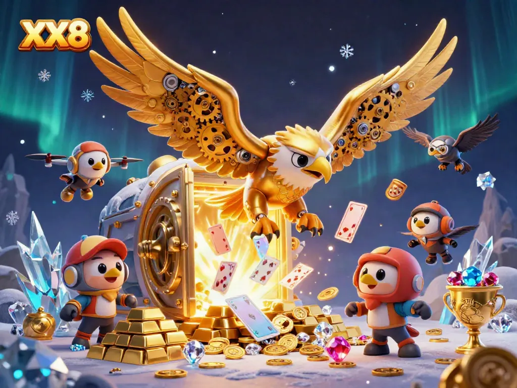 Experience the thrill of winning at XX8 with a vivid 3D scene of a cybernetic eagle among treasure and playing cards.