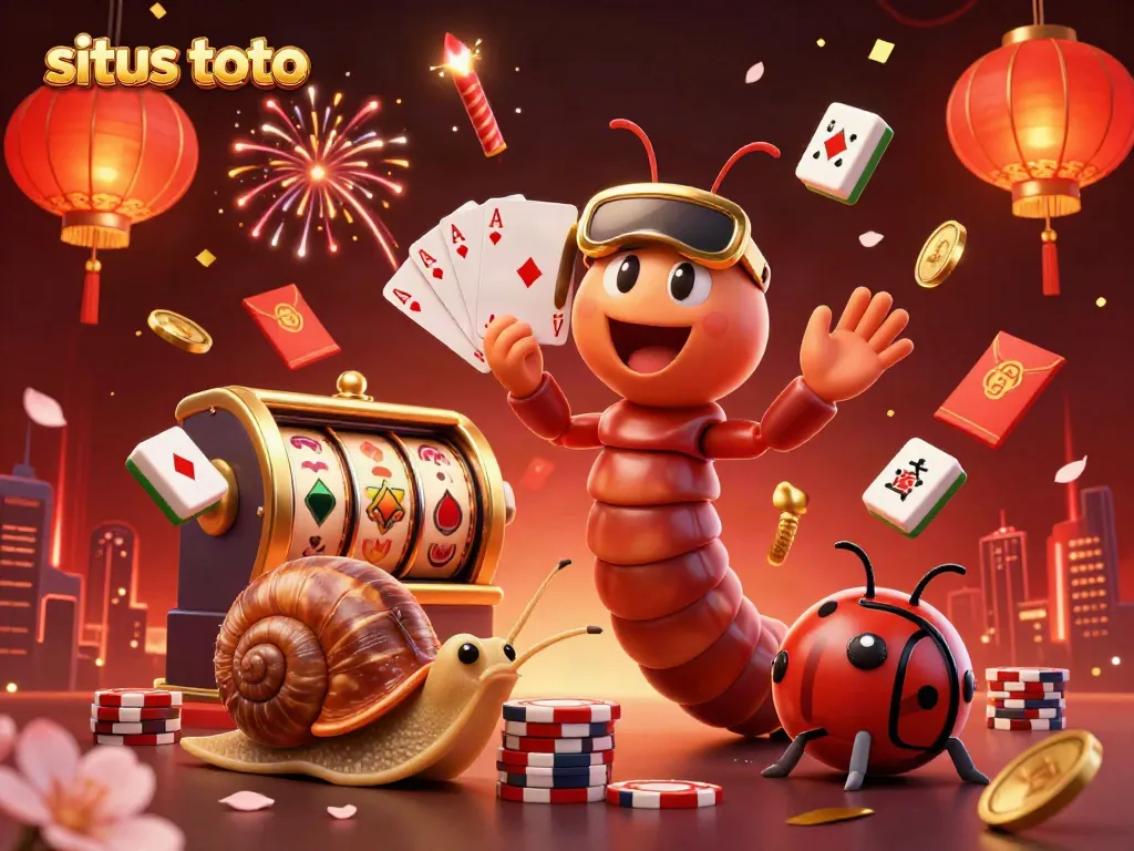 Situs toto illustration showcasing a vibrant casino scene with a millipede dealer, snail high-roller, and pill bug amidst dynamic game elements.