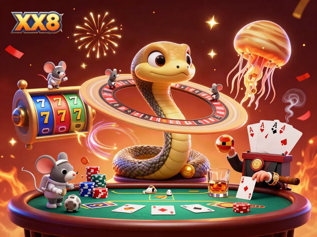 Experience thrilling gaming action with XX8 in a vibrant cosmic casino scene.