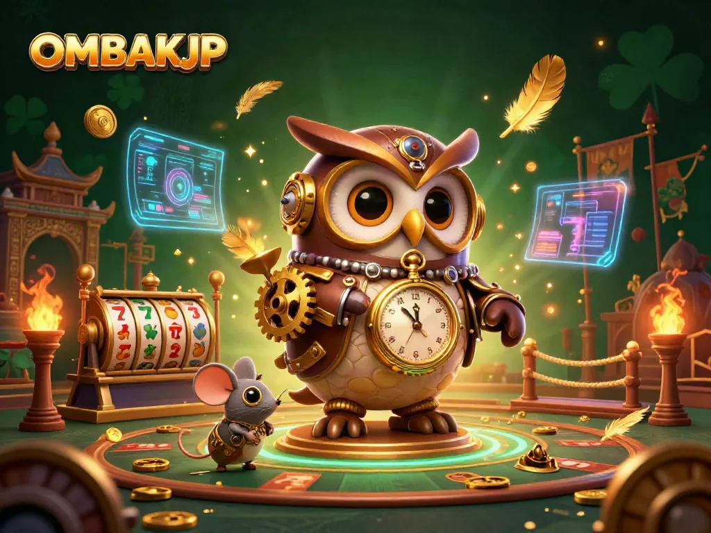 Experience the excitement of OMBAKJP in this interactive casino illustration featuring vibrant steampunk characters.
