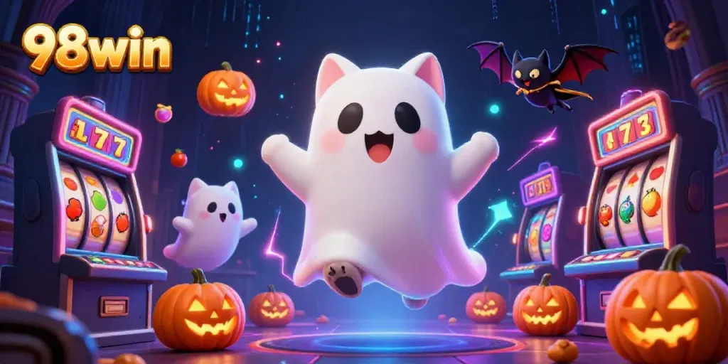 Experience the excitement of 98win with a ghost cat and undead companion gambling in a haunted casino.