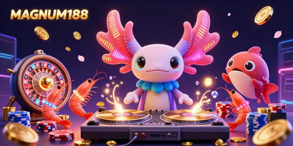 Experience the thrill of MAGNUM188 casino with a vivid 3D scene featuring an axolotl DJ and festive gambling elements.
