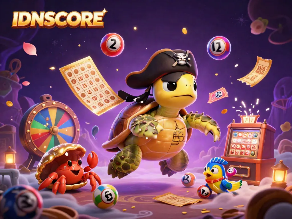 Engage in thrilling gaming action with IDNSCORE in a lively, colorful 3D casino scene.