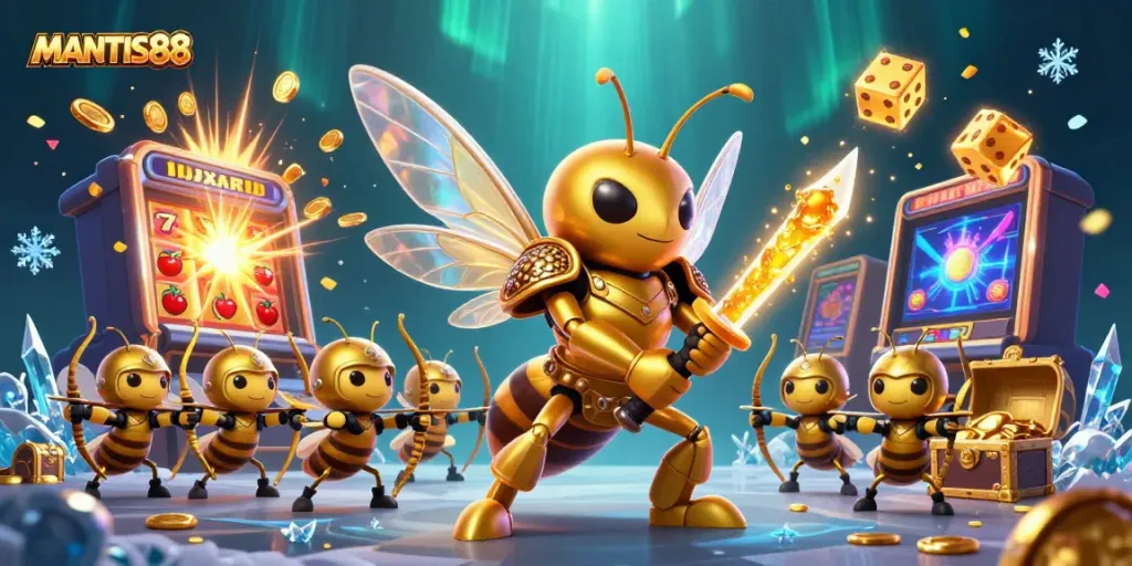 Immerse in MANTIS88's vibrant jackpot scene featuring a golden hornet and slot machine chaos.