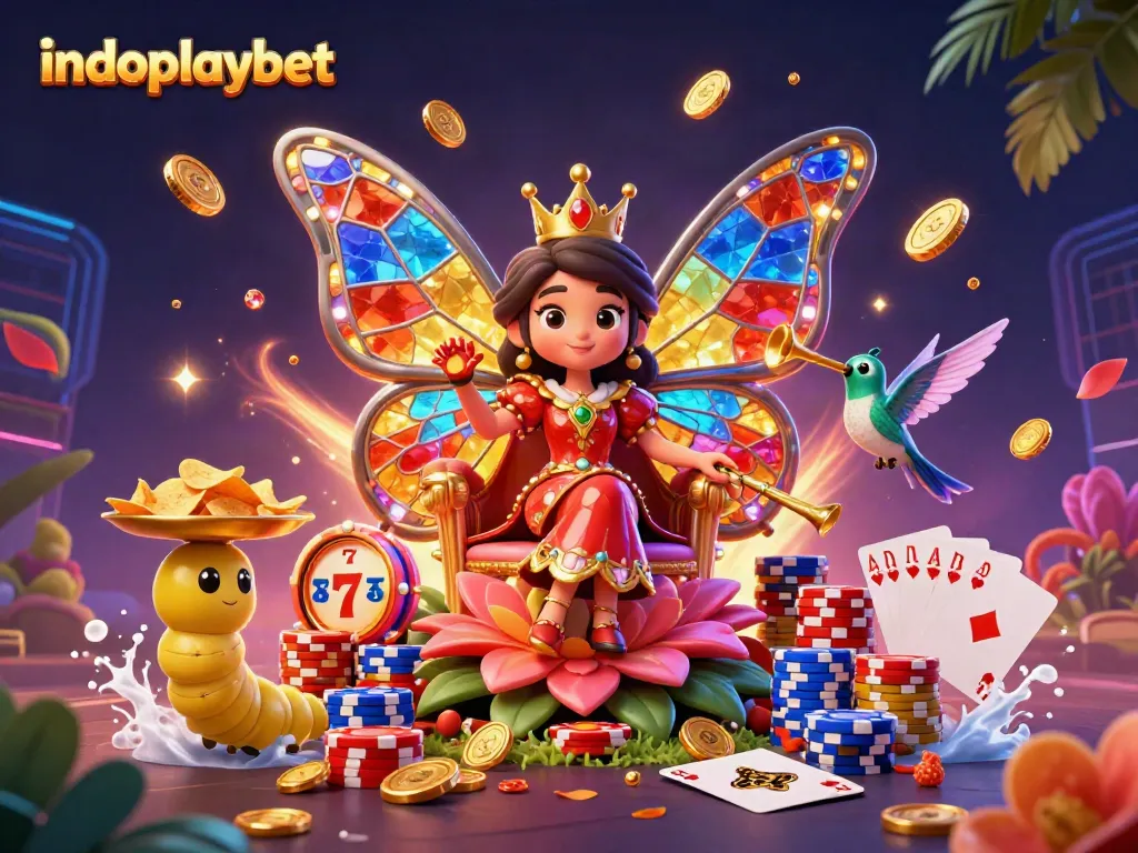 Indoplaybet mengundang keberuntungan dengan slot dalam ilustrasi kasino digital yang cerah.