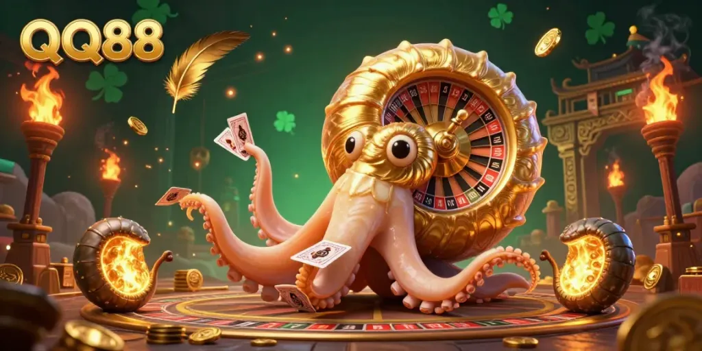 Experience thrilling gaming at QQ88 with a vibrant 3D illustration of a nautilus roulette wheel amidst dynamic casino elements.