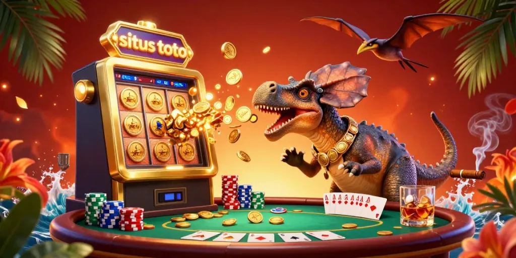 Situs toto jackpot scene featuring dinosaurs and coins flying in a lively casino setting.