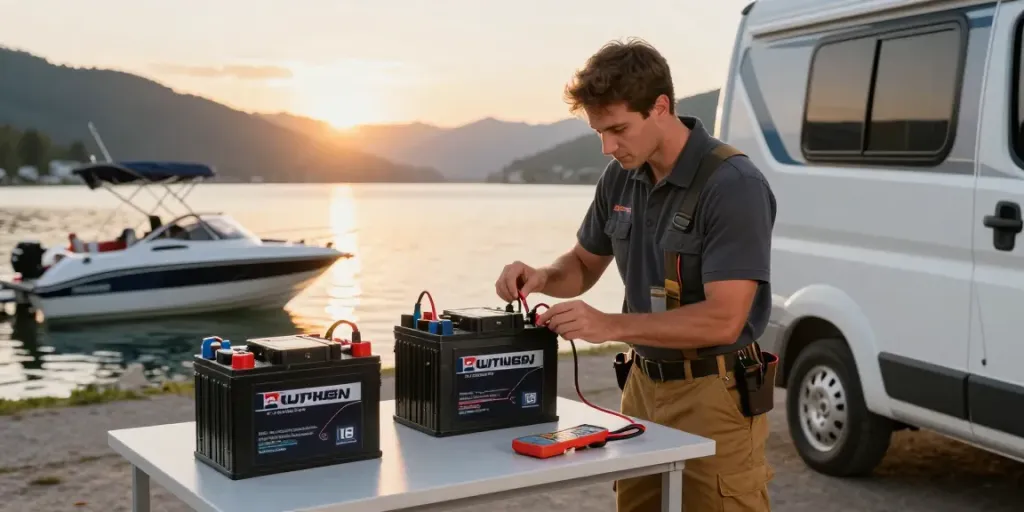 Installer checking connections on 12-volt battery in RV setup by the lake