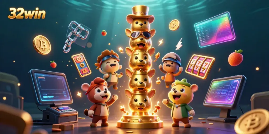 Engage with 32win's colorful 3D cartoon totem pole, vibrant coins, and dynamic casino elements.
