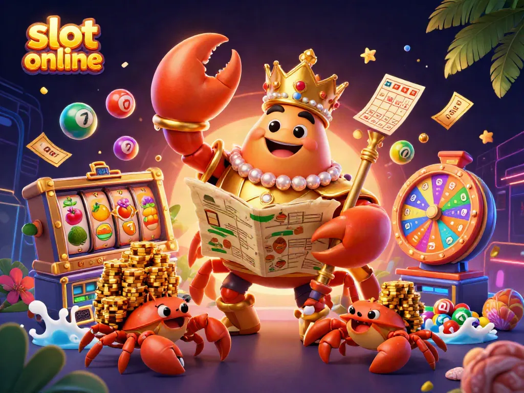 Experience thrilling slot online action with a vibrant 3D illustration featuring a golden crab emperor surrounded by dynamic casino elements.