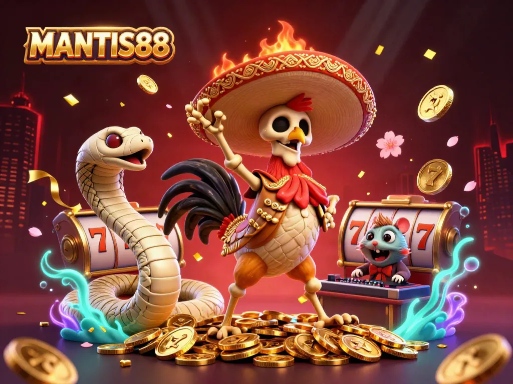 MANTIS88 casino themed illustration with a cartoon skeleton mariachi rooster and glowing gaming elements, celebrating with coins.