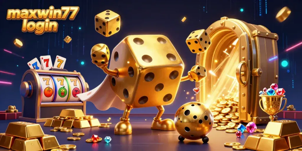 Experience the thrill of maxwin77 login with a vibrant casino illustration showcasing golden dice, gems, and slot elements.